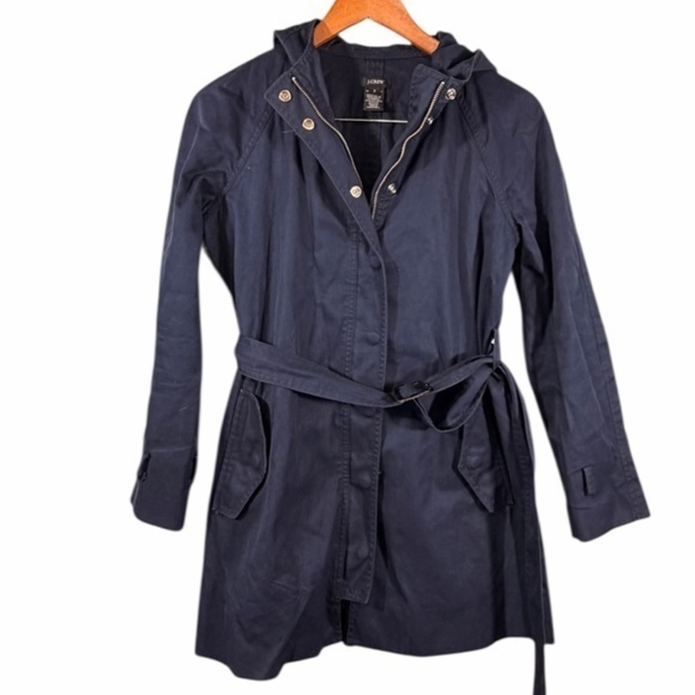 J Crew Navy Hooded Cotton Trench Coat Size 2 Navy Jacket Women size 2 classic